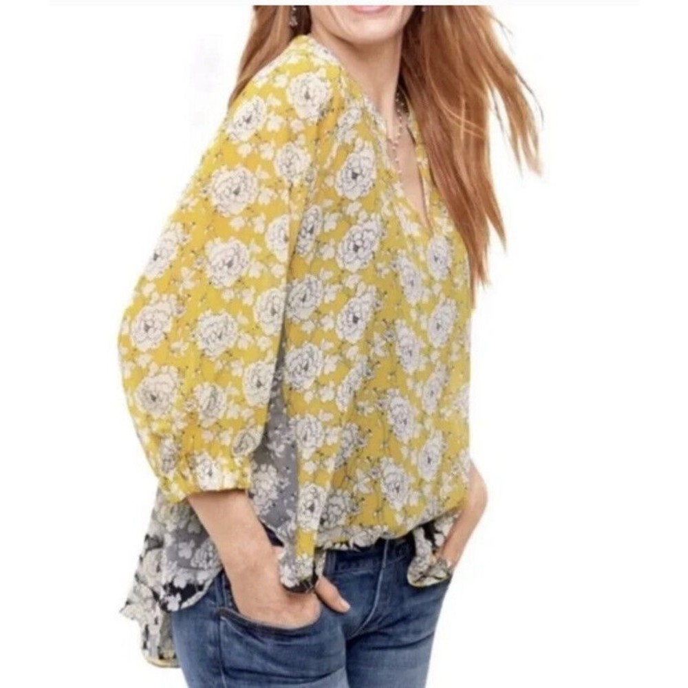 CAbi #5713 Amelia Gather Blouse Yellow Marigold Flower Floral Top D6